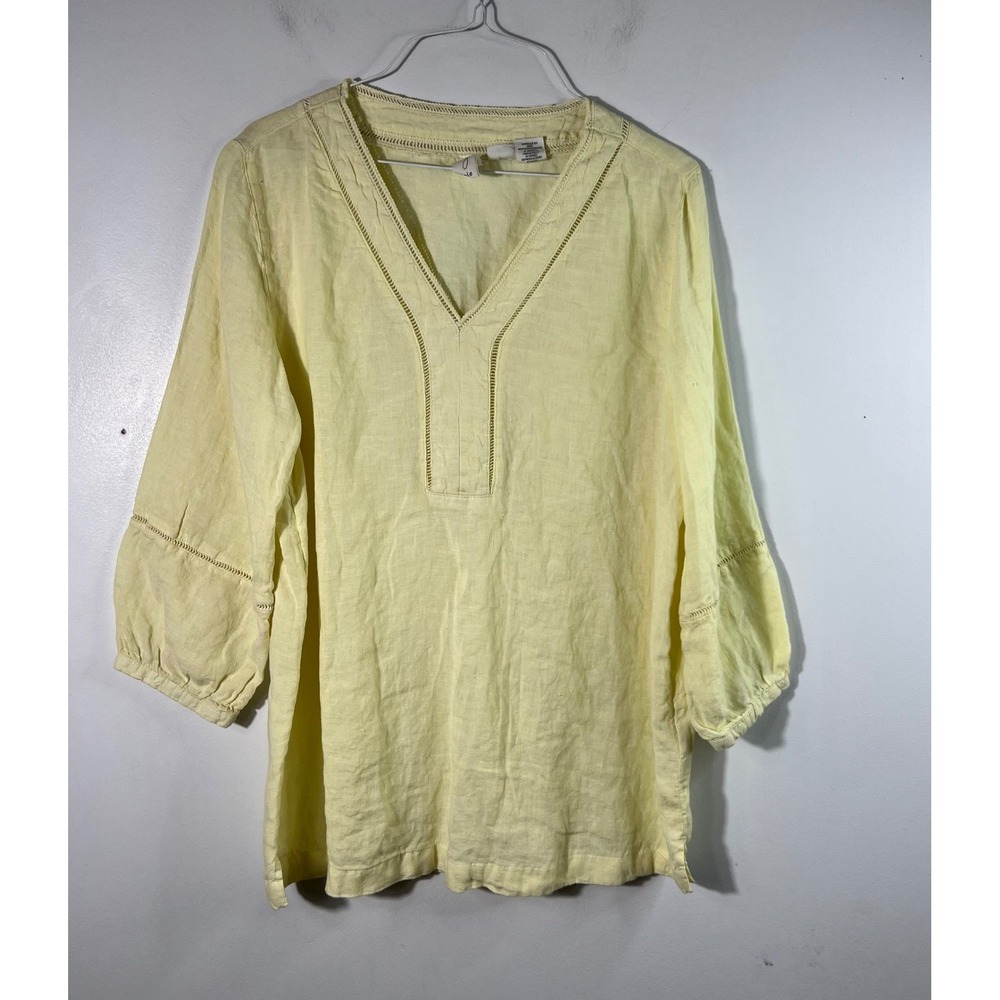 Womens Joie Linen V Neck Boho Tunic 3/4 Sleeve Yellow L